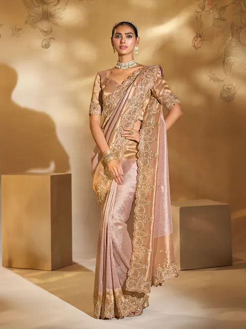 Light pink silk saree with resham work