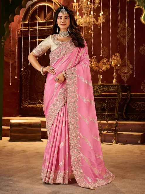 Light pink soft silk embroidered work saree
