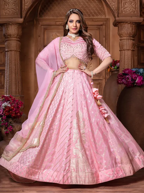Light pink tissue silk lehenga choli with dupatta
