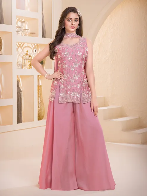 Light pink wedding wear chiffon palazzo suit