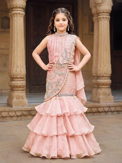 Light pink wedding wear tissue silk lehenga choli