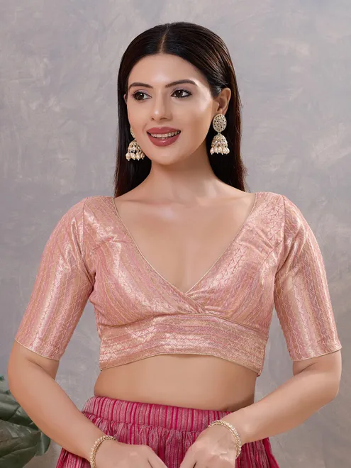 Light pink zari jacquard V neck blouse