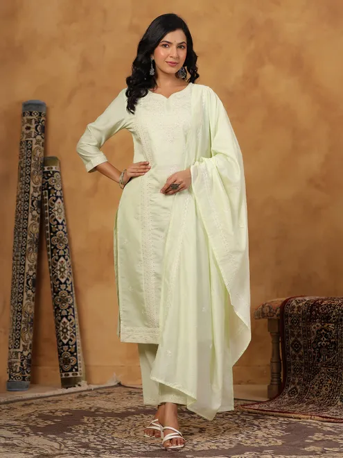 Light pista green cotton silk kurti set