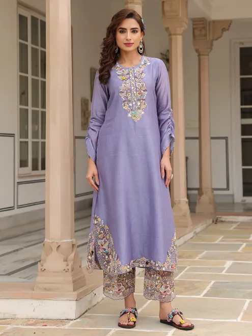 Light purple chanderi silk kurti set for women