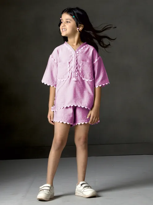 Light purple cotton silk V neck co-ord set for girls