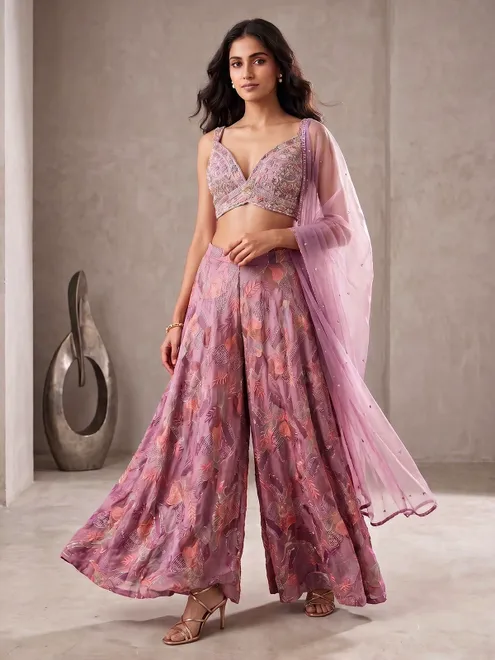 Light purple crepe Indo western palazzo suit for wedding