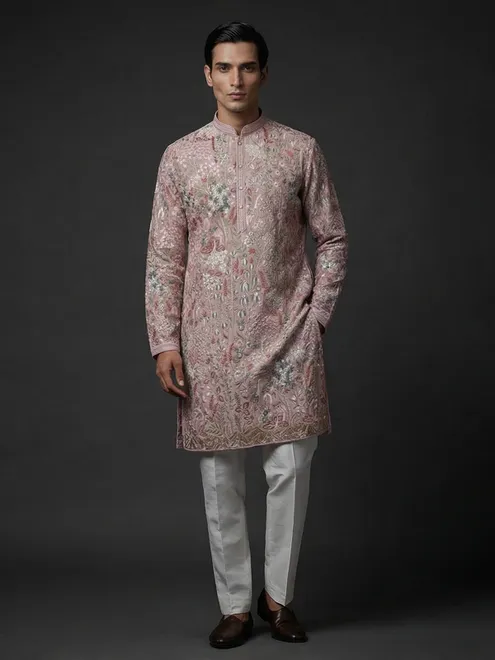 Light purple georgette embroidered festive kurta suit