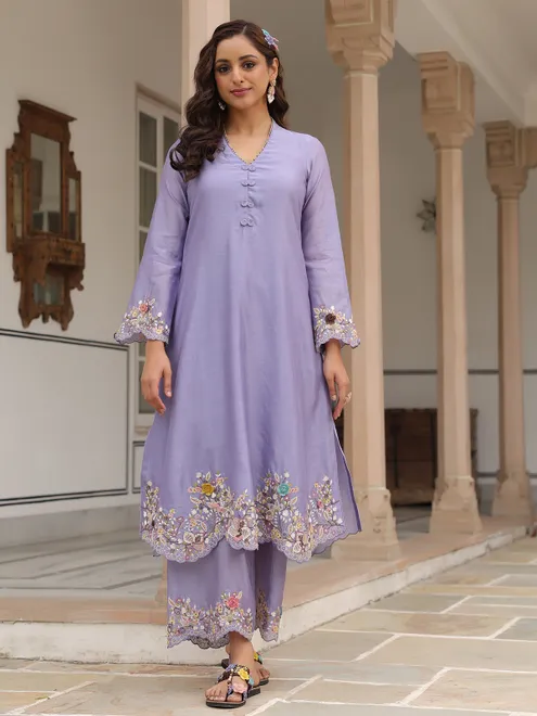 Light purple kurti set for women in chanderi silk for festive wear