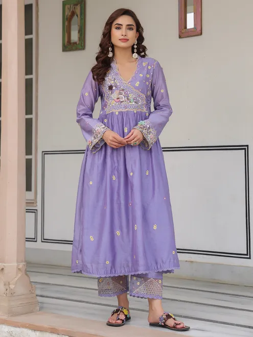 Light purple kurti set for women in chanderi silk for women