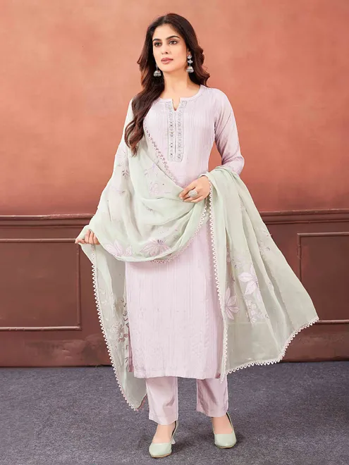 Light purple salwar suit with floral dupatta