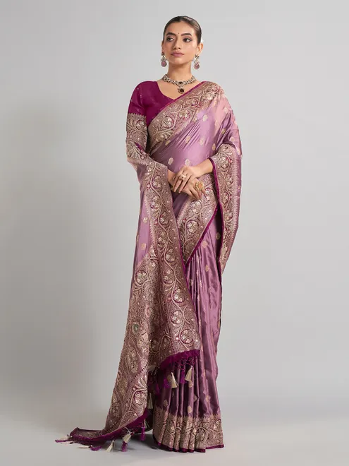 Light purple satin silk saree with aabla and zari work