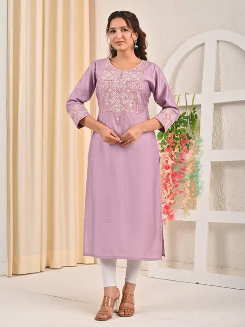 Light purple silk embroidered kurti with thread work