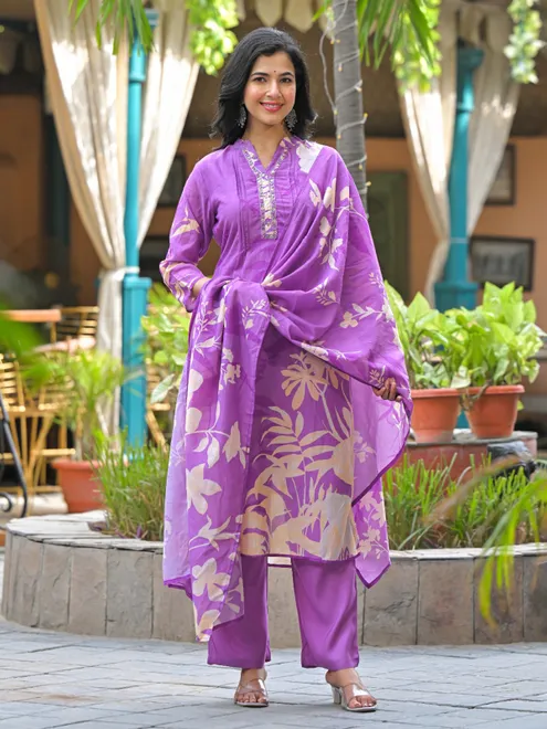 Light purple silk festive printed kurti set