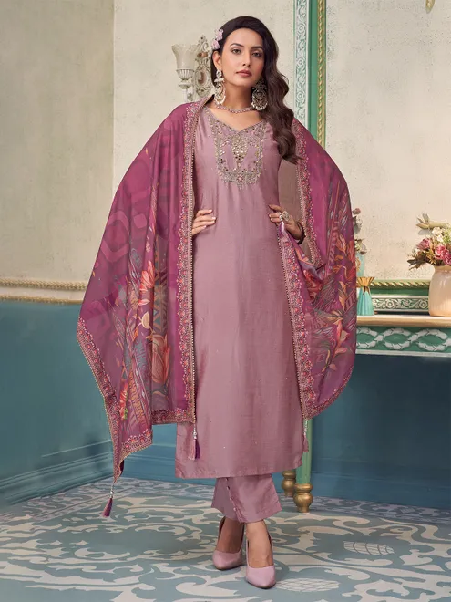 Light purple silk salwar suit with printed dupatta