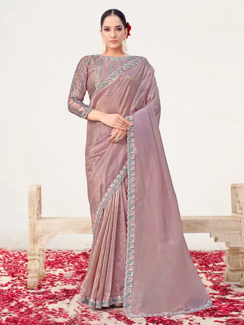 Light purple silk saree with zardosi bead embellishment