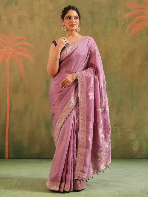 Light purple silk wedding wear saree with bold blouse