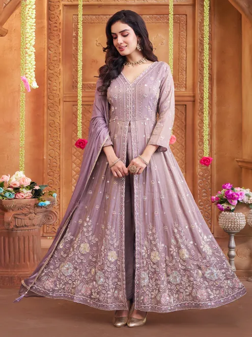 Light purple tissue silk anarkali festive wear suit