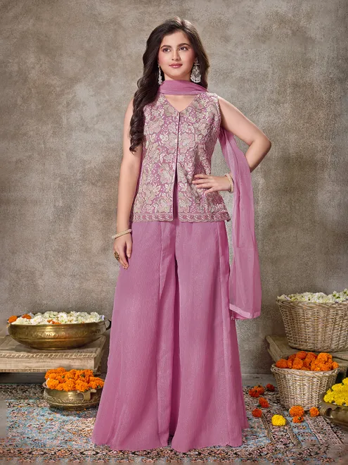 Light purple wedding wear chiffon palazzo suit for girls