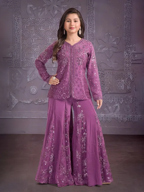 Light wine festive wear palazzo suit with sequins shine