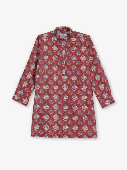 Light wine printed cotton silk kurta