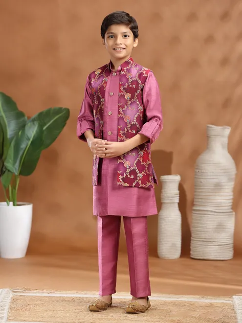 Light wine raw silk zari weaving waistcoat set