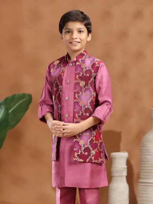 Light wine raw silk zari weaving waistcoat set