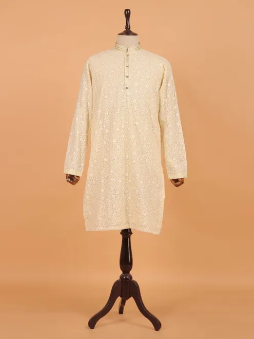 Light yellow embroided cotton kurta set for men