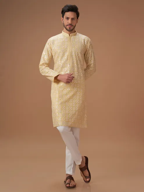 Light yellow embroidery  Men Kurta pajama