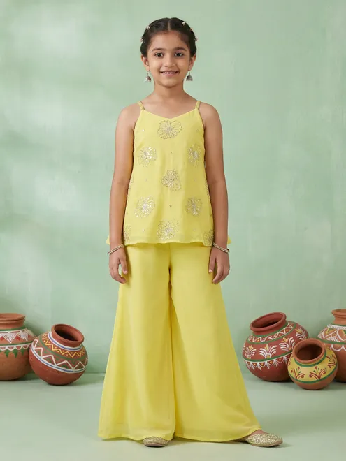Light yellow festive wear palazzo suit in soft georgette