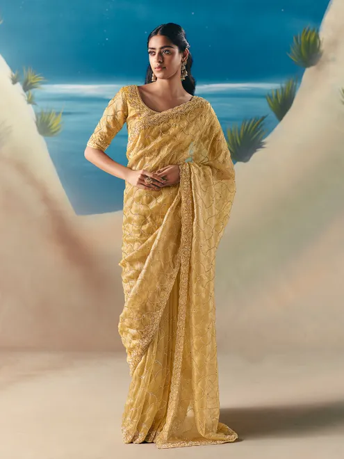 Light yellow satin organza festive saree