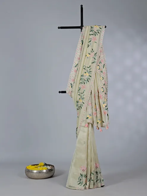 Light yellow semi tissue saree with thread elegance