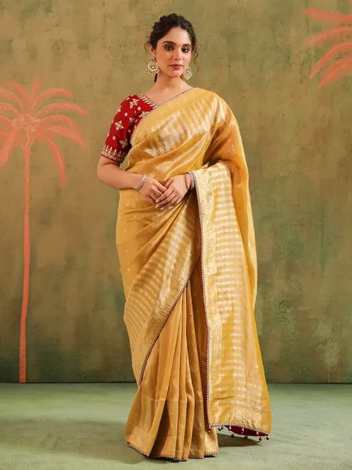 Light yellow silk saree with zari shine