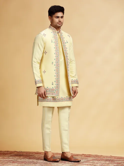 Light yellow wedding wear waistcoat set in silk