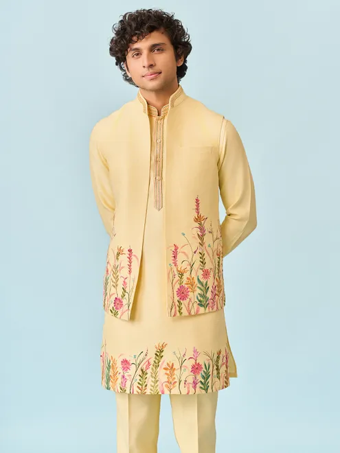 Light yellow zari printed mens waistcoat set