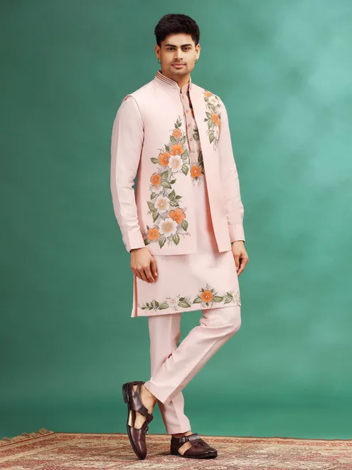 Ligtht Pink printed silk waistcoat set with cutdana work