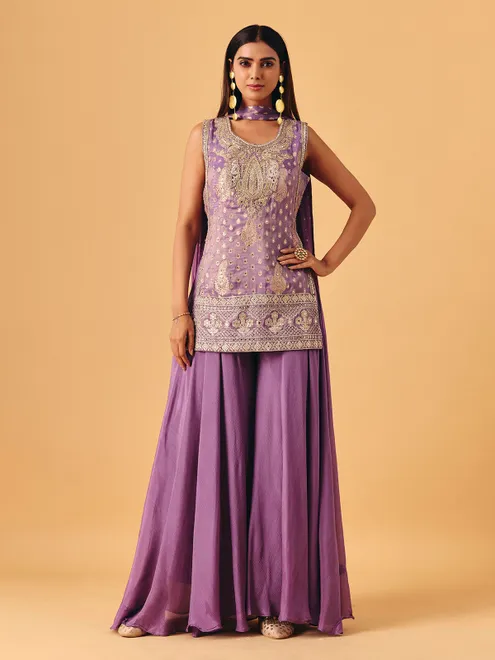 Lilac chiffon georgette palazzo suit with mirror detailing