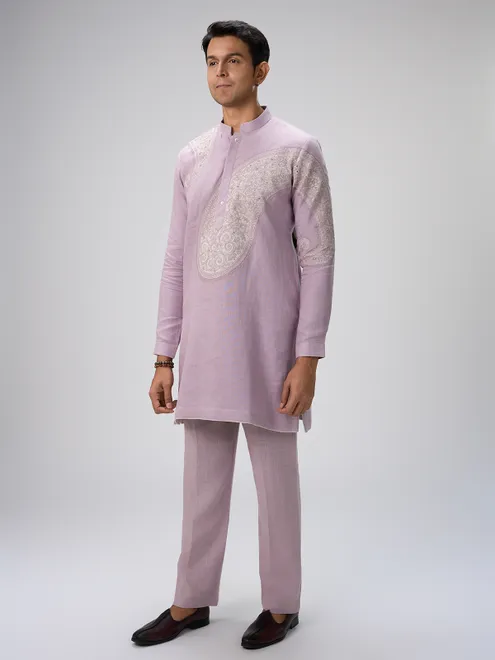 Lilac detailed linen kurta pajama set