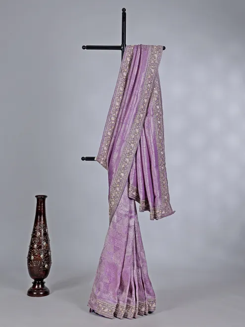Lilac kanjivaram silk saree with heavy zardosi work