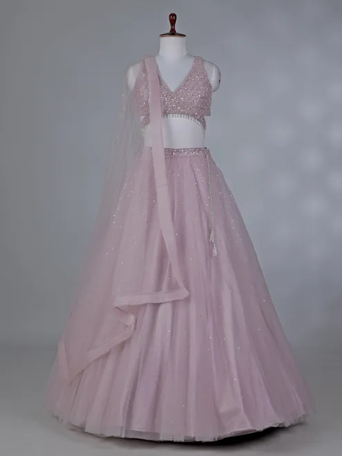 Lilac net lehenga choli with stone work