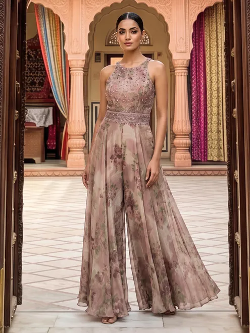 Lilac printed chiffon georgette designer for festive occasions