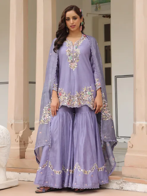 Lilac purple chanderi silk sharara suit