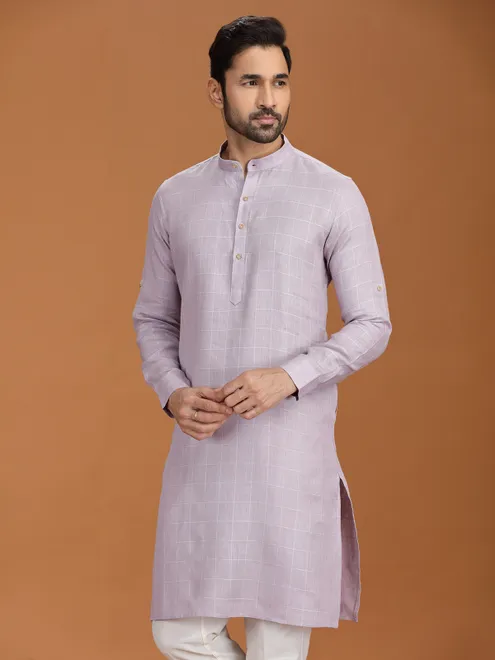 Lilac purple checked linen kurta for festival wear