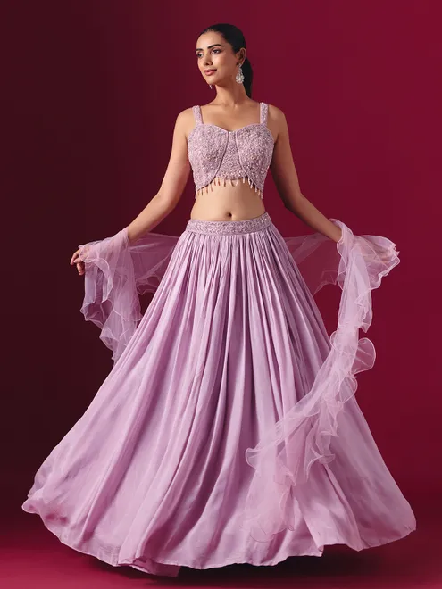 Lilac purple chiffon designer lehenga choli with ruffle dupatta style