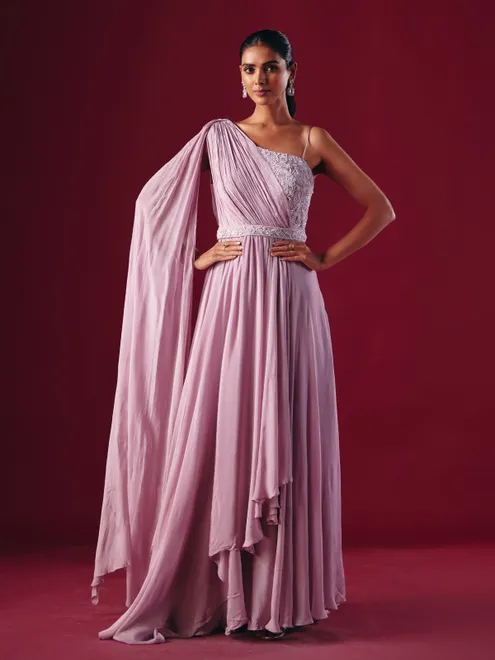 Lilac purple chiffon designer party wear gown
