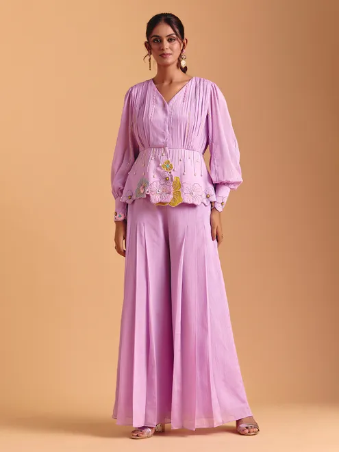 Lilac purple chiffon full sleeve palazzo embellished suit