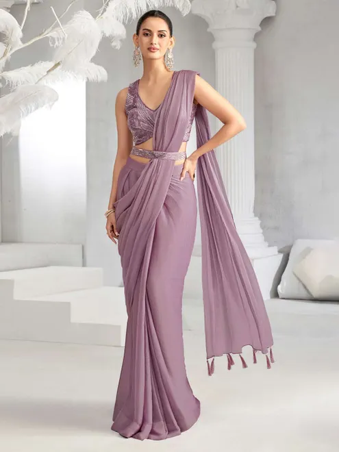 Lilac purple chiffon ready to wear saree for wedding