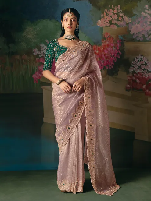 Lilac purple chinon silk saree with heavy contrast blouse