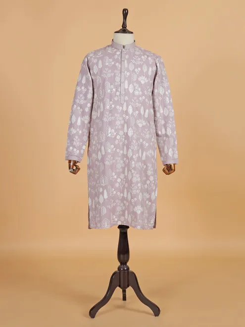 Lilac purple cotton embroidery kurta suit for men