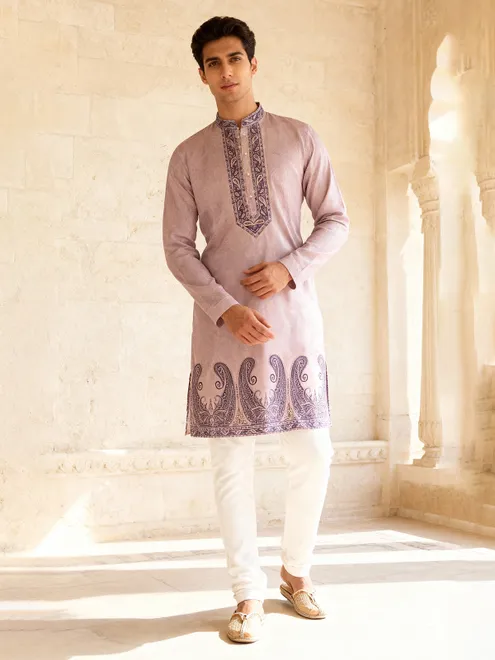 Lilac purple cotton silk daman printed kurta suit