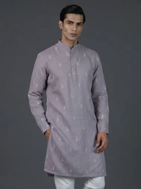 Lilac purple cotton thread work festive kurta